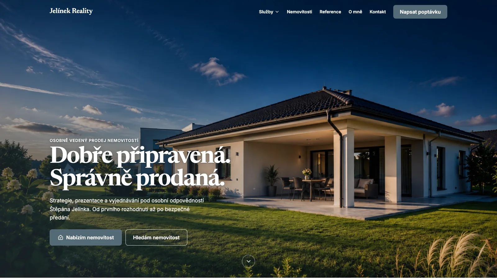 Hero sekce návrhu webu Jelínek Reality s fotografií rodinného domu