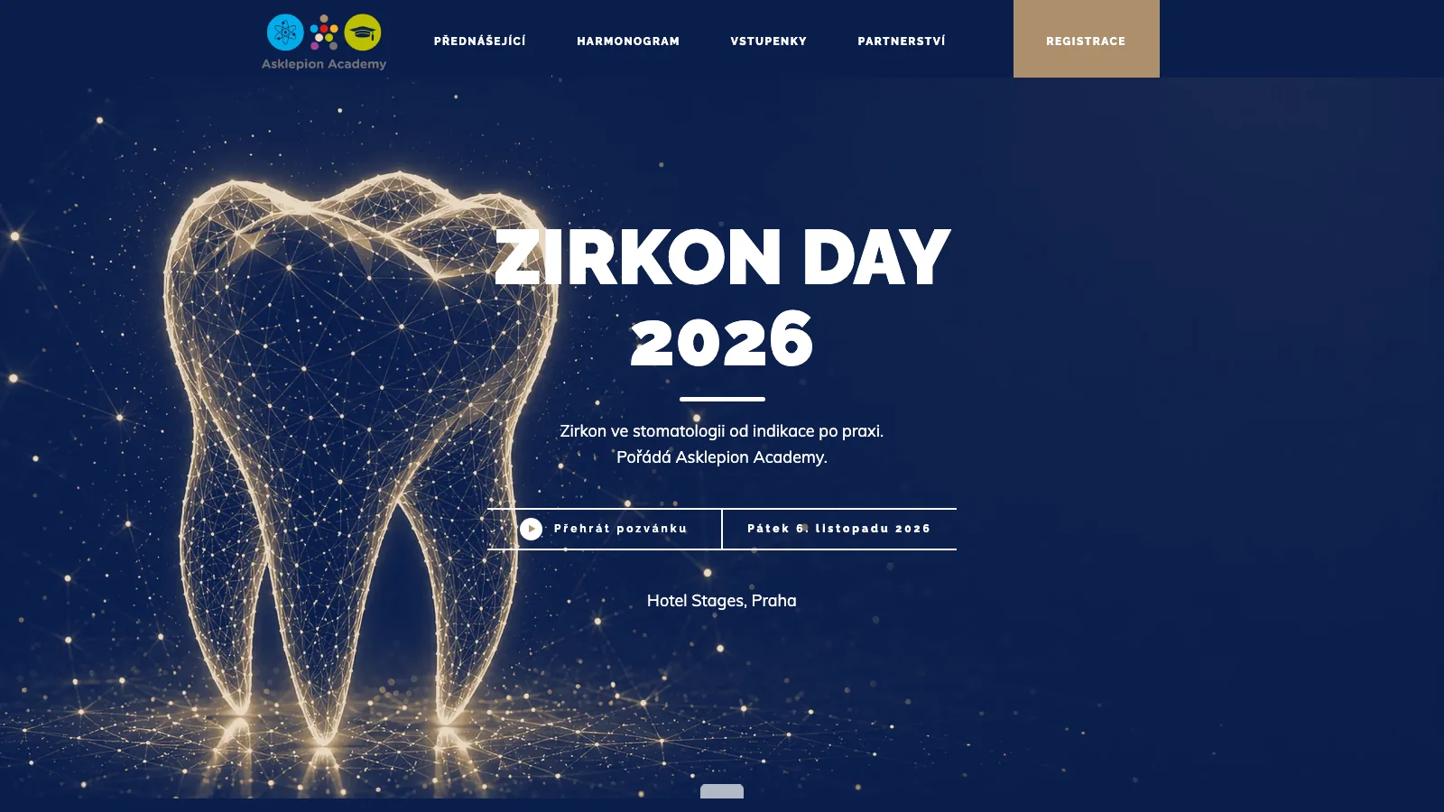 Hero sekce webu Zirkon Day 2026 se světelnou ilustrací zubu